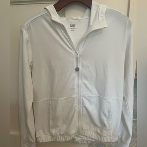 Athleta girl size L 14 white performance material zipup, long sleeve hoodie